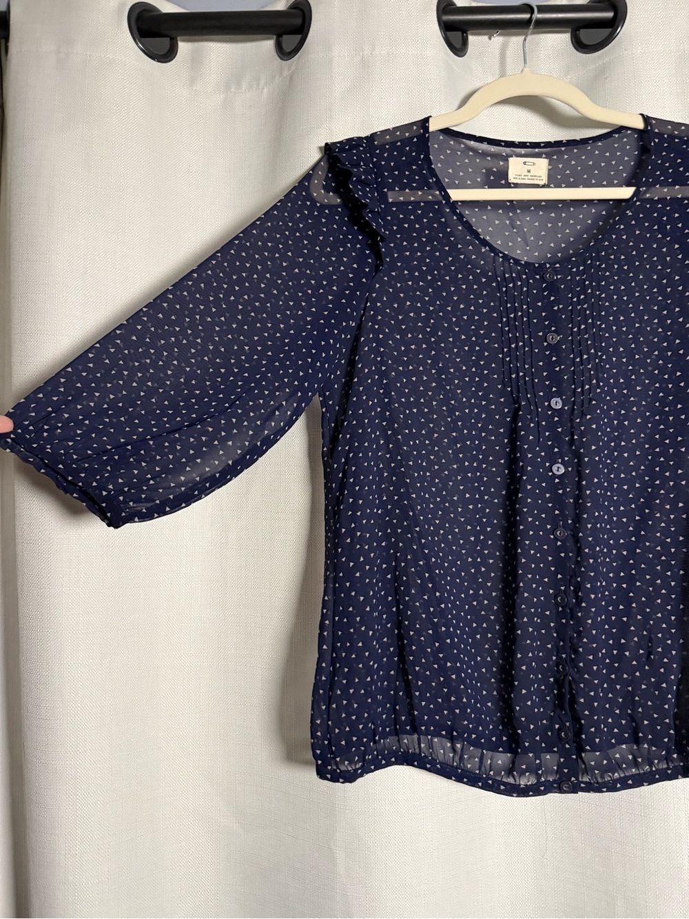 Pins And Needles Navy Blue and White Triangle Print Sheer Blouse Size Medium - Picture 5 of 7